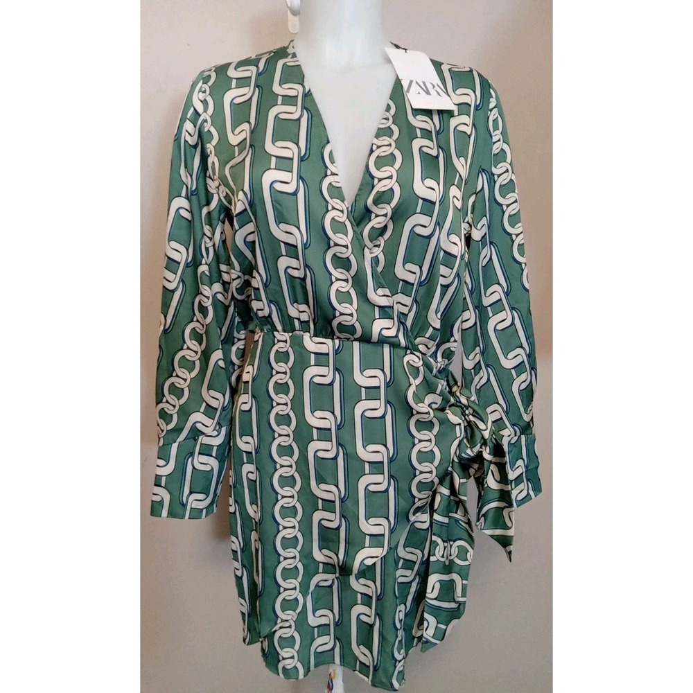 Zara Women Green White Blue Chainlink Pattern Faux Wrap Strap Tie Dress Size S